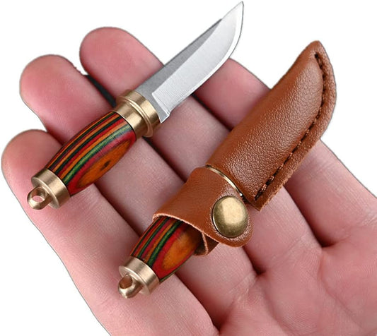 New Ultra Small Fixed Blade Knife, 1.6 Inch 5Cr Stainless Steel Blade with Brass+Colored Wood Handle, Mini Knife with Leather Sheath and Brass Key Ring for EDC Gift Collection (Style 2)