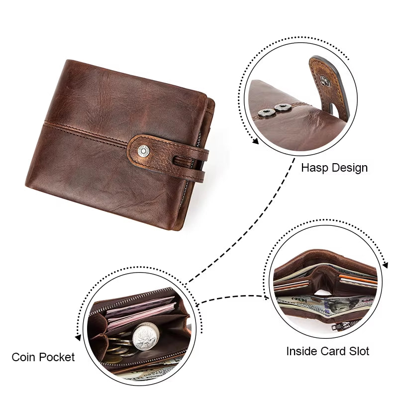 CONTACT'S Casual Men Wallets Crazy Horse Leather Short Coin Purse Hasp Design Wallet Cow Leather Clutch Wallets Male Carteiras