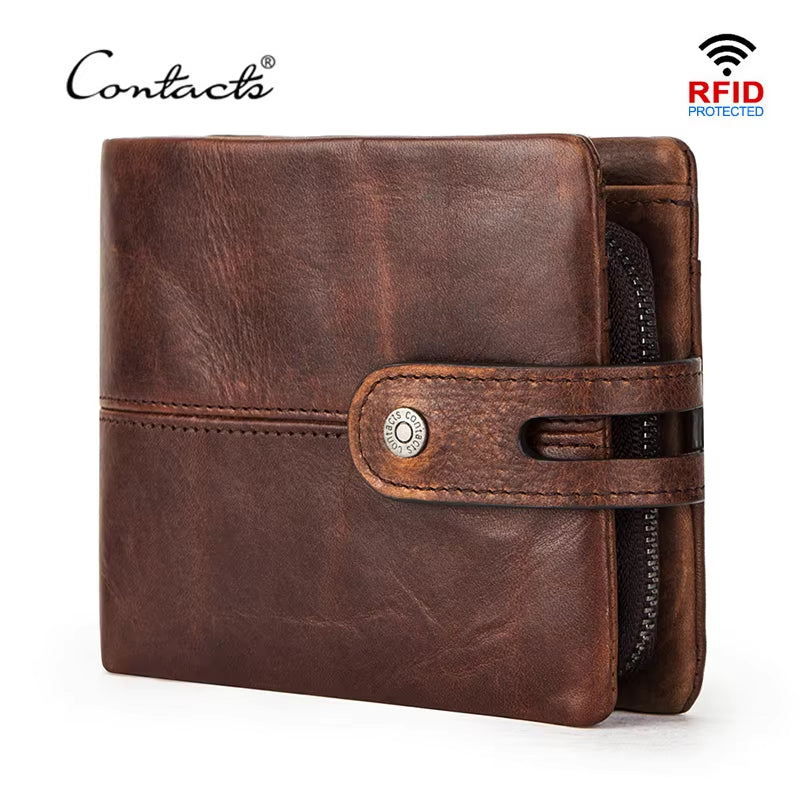 CONTACT'S Casual Men Wallets Crazy Horse Leather Short Coin Purse Hasp Design Wallet Cow Leather Clutch Wallets Male Carteiras