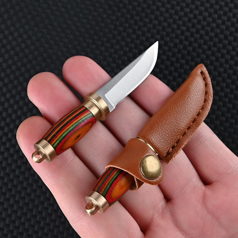 New Ultra Small Fixed Blade Knife, 1.6 Inch 5Cr Stainless Steel Blade with Brass+Colored Wood Handle, Mini Knife with Leather Sheath and Brass Key Ring for EDC Gift Collection (Style 2)