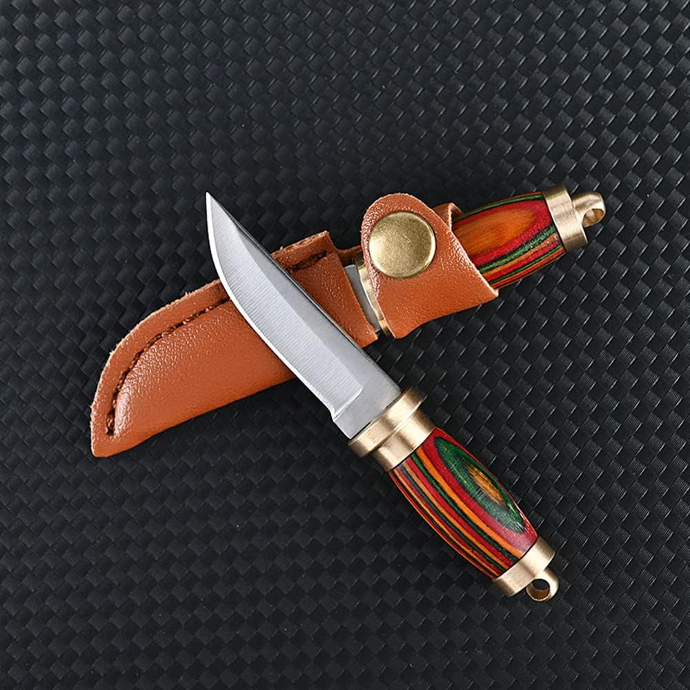 New Ultra Small Fixed Blade Knife, 1.6 Inch 5Cr Stainless Steel Blade with Brass+Colored Wood Handle, Mini Knife with Leather Sheath and Brass Key Ring for EDC Gift Collection (Style 2)