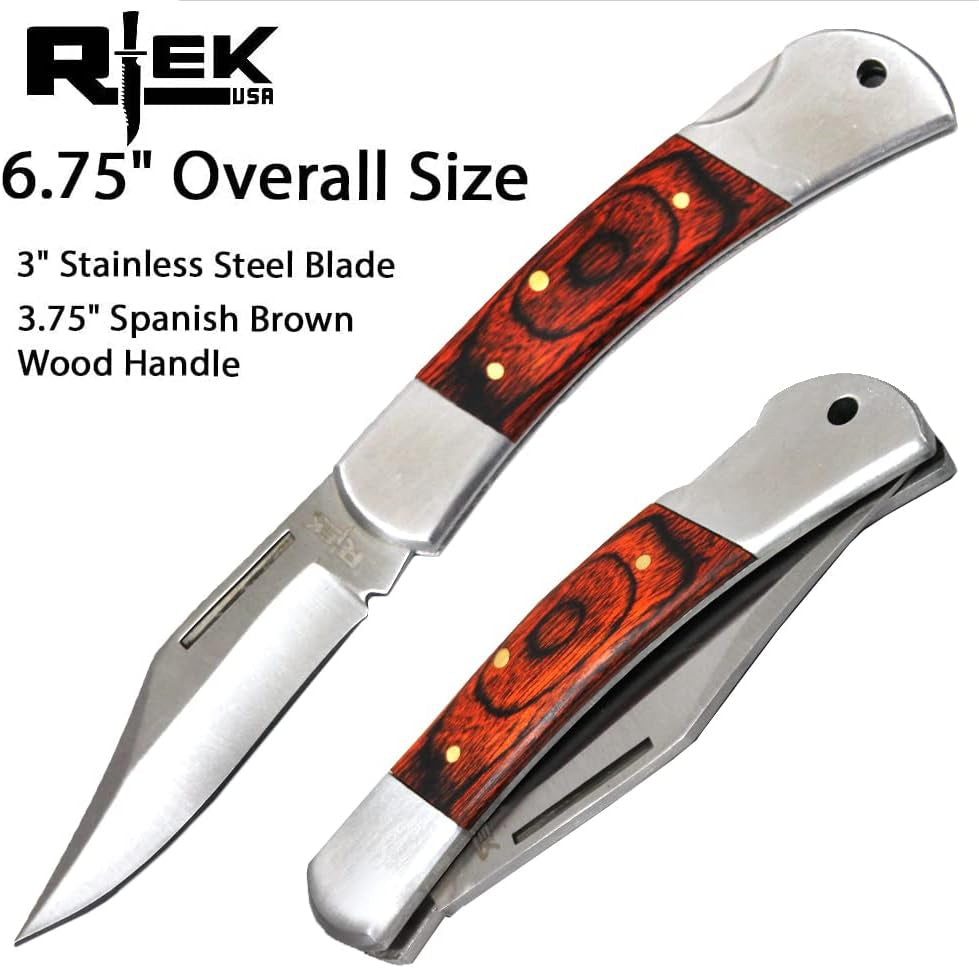 3.75" Spanish Brown Wood Handle Pocket Knife, Lockback Traditional Folding Knife for Outdoor, Survival, EDC, Camping, and Every Day Carry, Gifts for Men