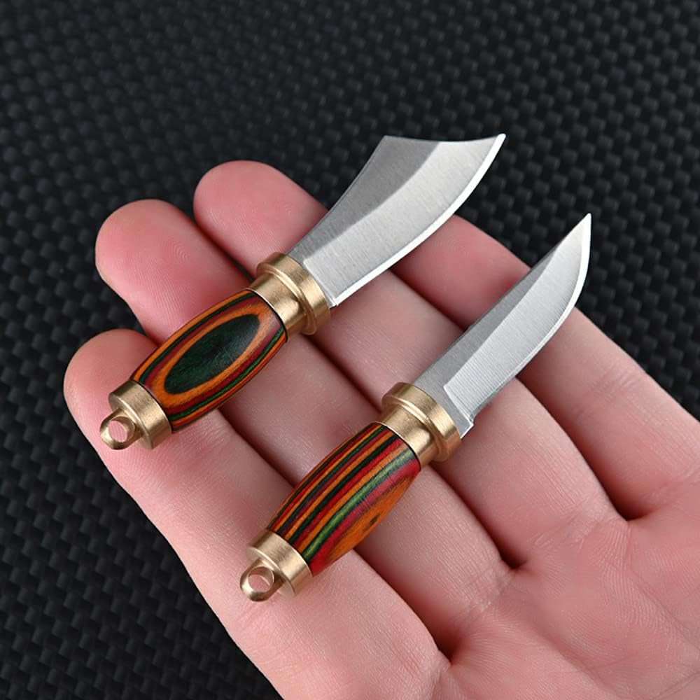 New Ultra Small Fixed Blade Knife, 1.6 Inch 5Cr Stainless Steel Blade with Brass+Colored Wood Handle, Mini Knife with Leather Sheath and Brass Key Ring for EDC Gift Collection (Style 2)