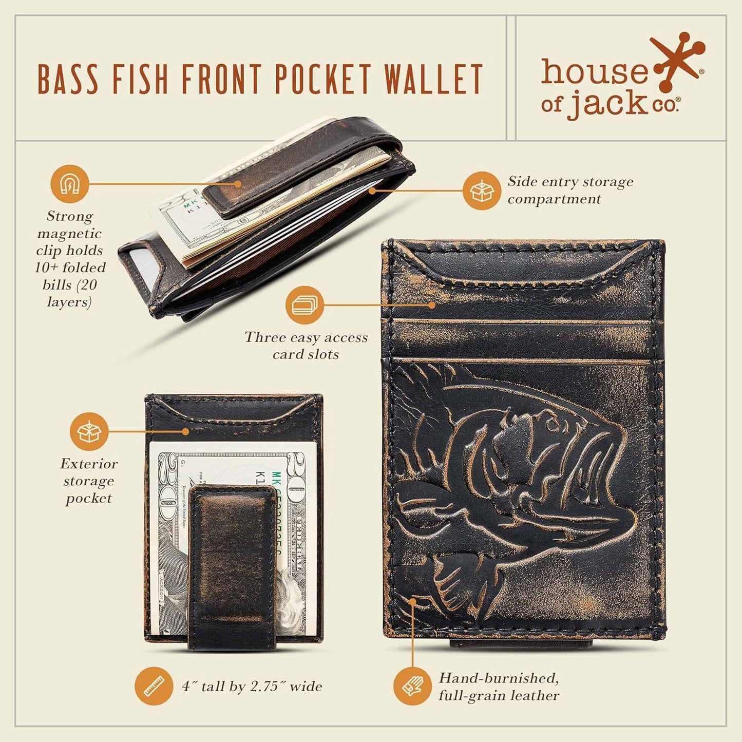 Bass Fish Money Clip Wallet | Slim Card Holder | Super Strong Magnet Men'S Wallet | Front Pocket Wallet (Bass Fish)