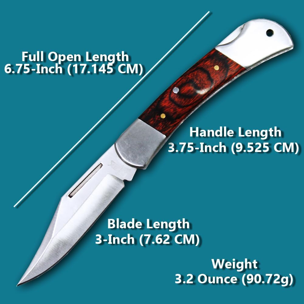 3.75" Spanish Brown Wood Handle Pocket Knife, Lockback Traditional Folding Knife for Outdoor, Survival, EDC, Camping, and Every Day Carry, Gifts for Men