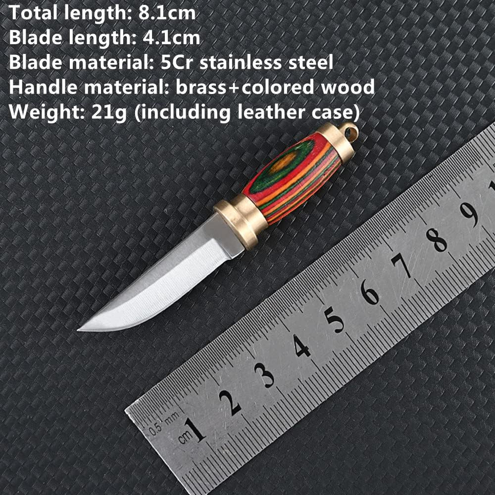 New Ultra Small Fixed Blade Knife, 1.6 Inch 5Cr Stainless Steel Blade with Brass+Colored Wood Handle, Mini Knife with Leather Sheath and Brass Key Ring for EDC Gift Collection (Style 2)